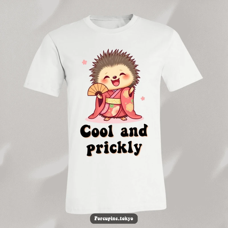 Funny t-shirt with a porcupine in a vibrant kimono, joyfully holding a fan, a colorful and humorous design.