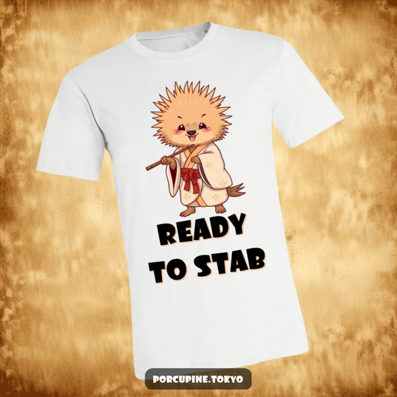 Funny T-Shirt: A porcupine in a flowing kimono striking a playful pose with chopsticks, showcasing funny dexterity.