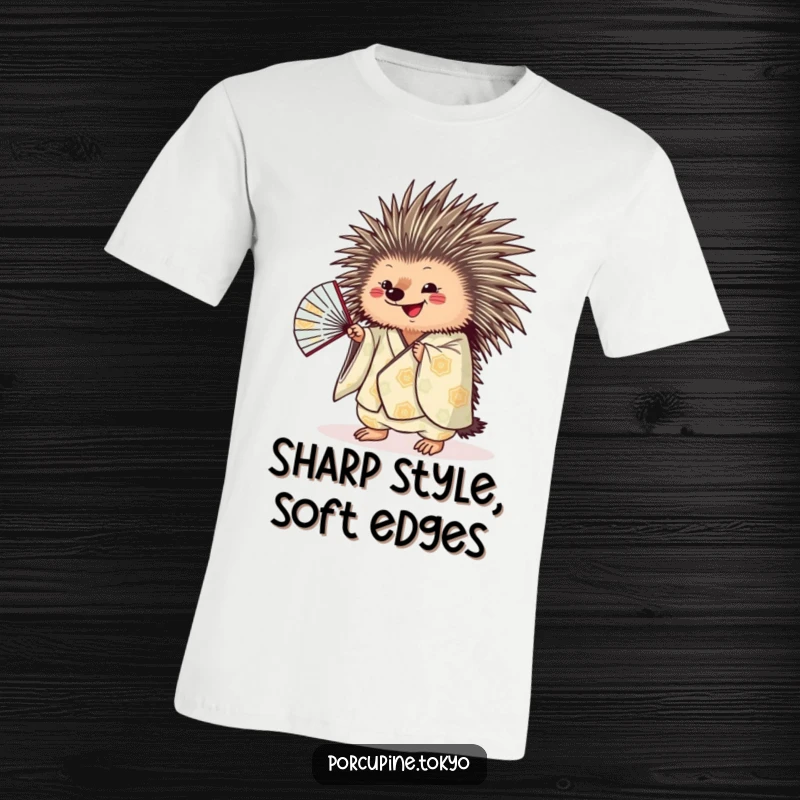 Funny porcupine wearing a patterned kimono, shaking a fan with a playful expression, a humorous t-shirt design.