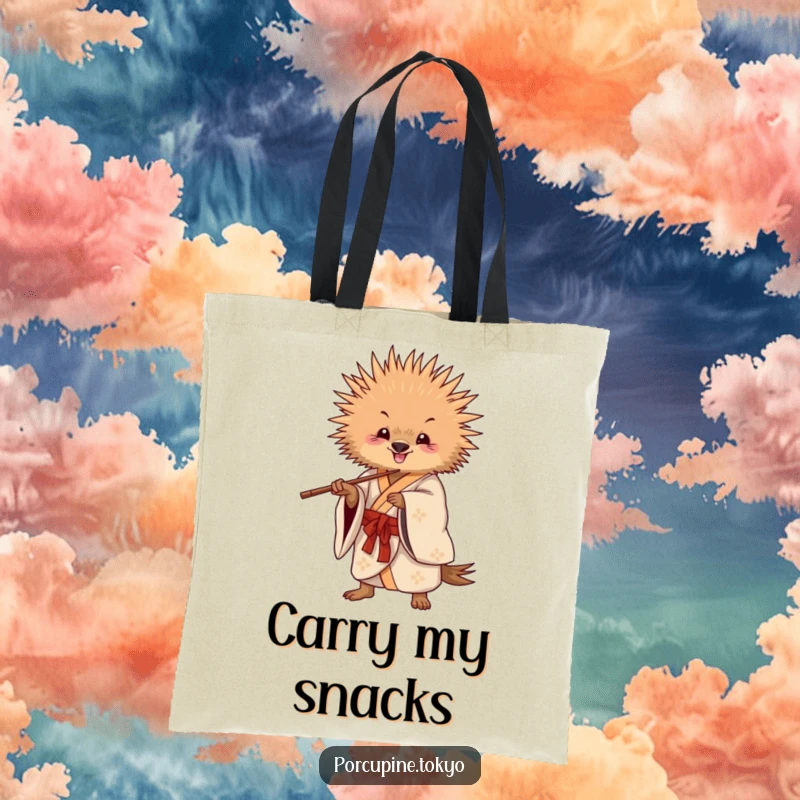 Funny Tote Bag: A porcupine in a flowing kimono striking a playful pose with chopsticks, perfect for carrying your funny treasures.