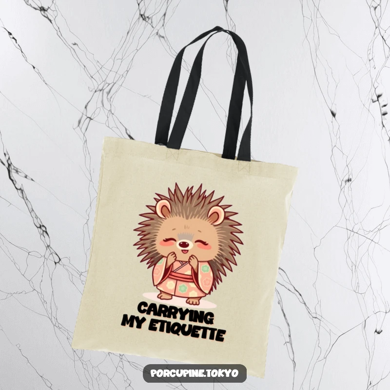 Funny Tote Bag: A cute porcupine wearing a patterned kimono, bowing with a smile, perfect for carrying your funny finds.
