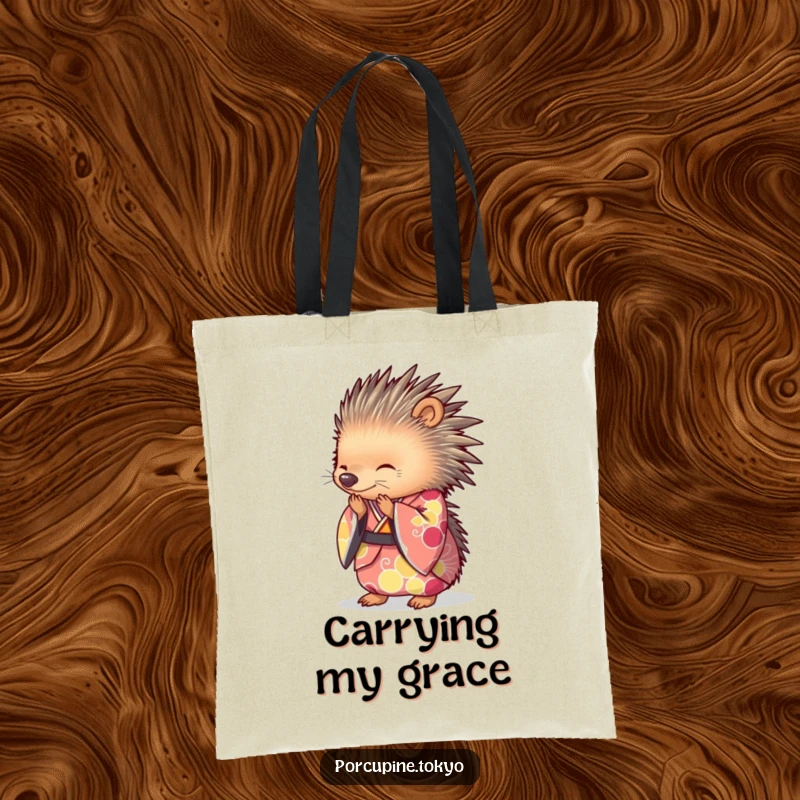 Funny Tote Bag featuring a porcupine in a brightly colored kimono, bowing gracefully, ideal for stylish and humorous everyday use.