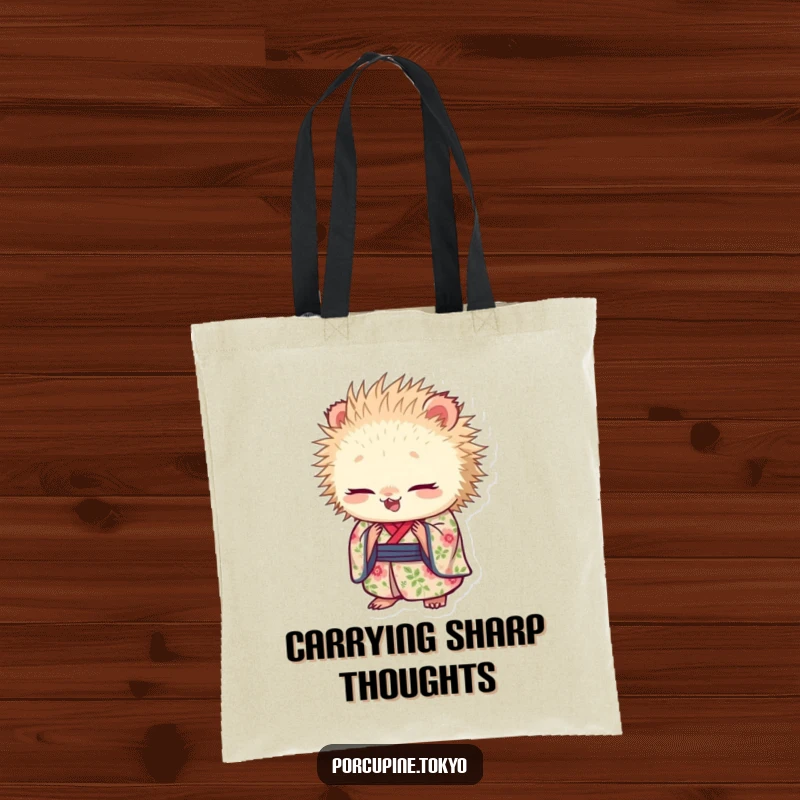 Funny tote bag showcasing a porcupine in a floral kimono, bowing elegantly, perfect for carrying items with humorous grace.