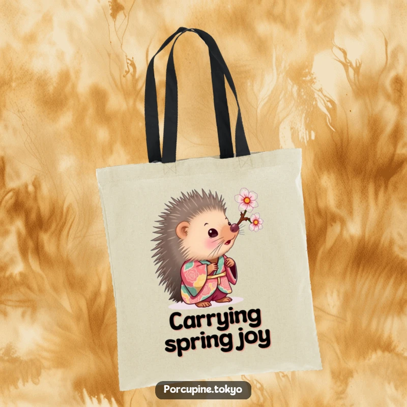 Funny Tote Bag: A porcupine in a colorful kimono looking curiously at a cherry blossom, perfect for carrying your funny essentials.