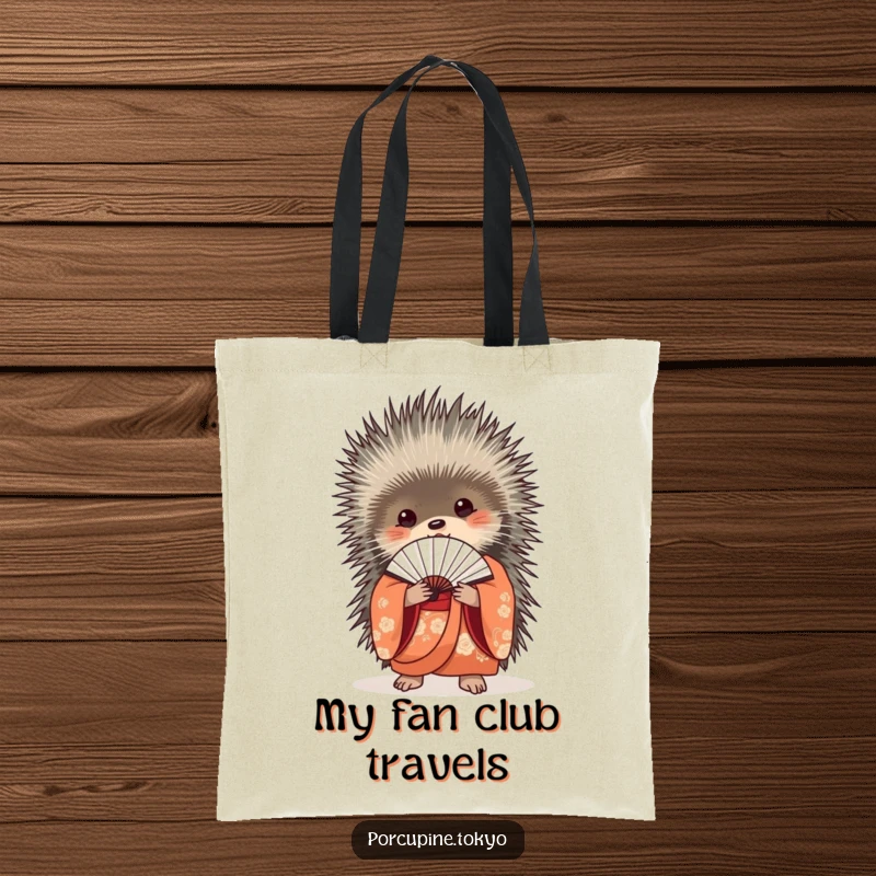 Funny Tote Bag: A porcupine in a beautiful kimono holding a delicate fan, perfect for carrying your funny essentials with style.