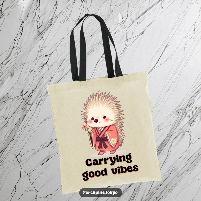 Funny porcupine character in a kimono presenting a small flower, a charming and humorous tote bag.